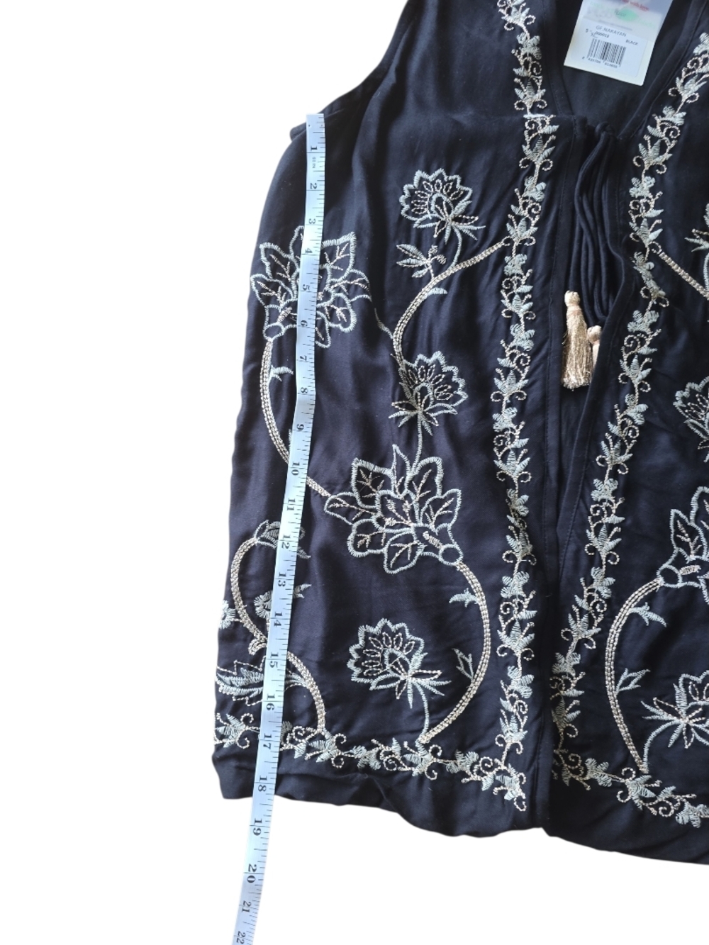 NWT Nekane Embroidered Boho Vest Black Gold Metallic Tassel Tie Size Small - Picture 9 of 10